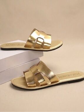 Women’s Gold Slide Sandals with Braided Strap Detail